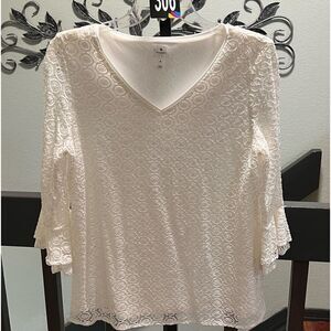 NWOT Dress Barn White Lace Overlay  3/4 Sleeve Ruffled Sleeves V-neck Blouse 306
